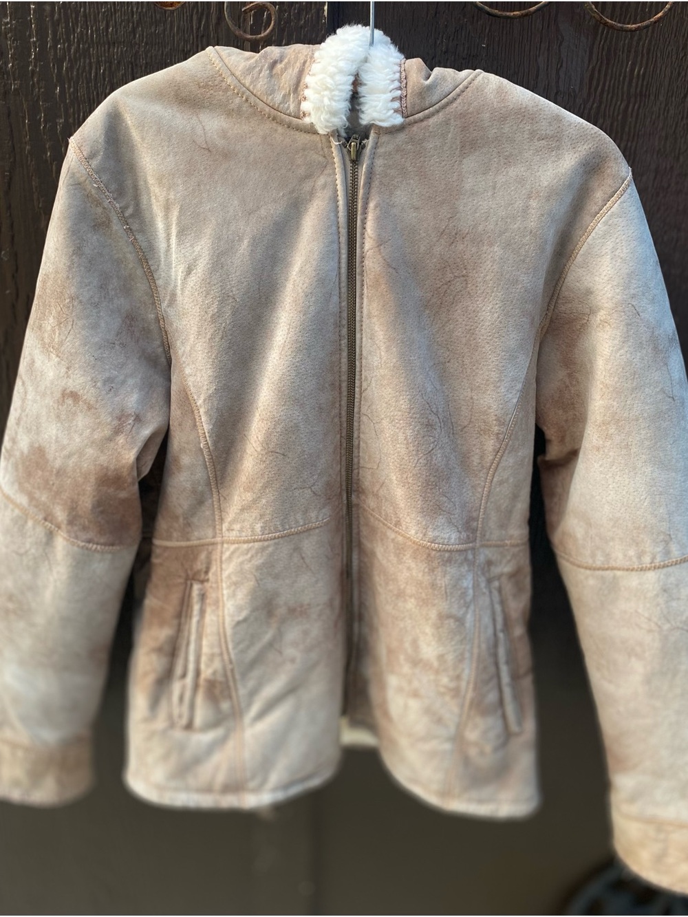 Vintage Suede-Look Hooded Puffer Jacket in Tan with Cream Lining